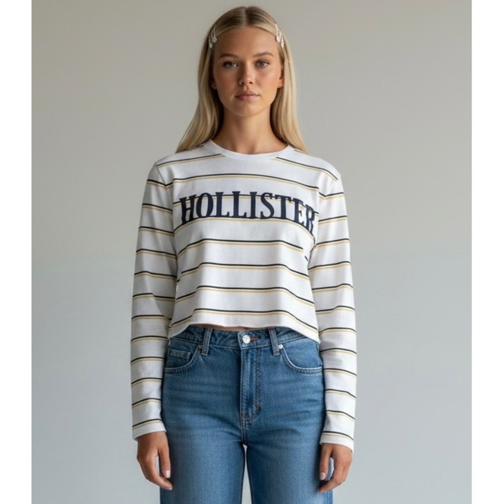Hollister Striped Cropped Long Sleeve Logo Tee White Yellow Navy Size Small